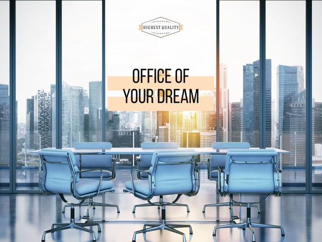 Office Room with Skyscrapers View Presentation Design Template