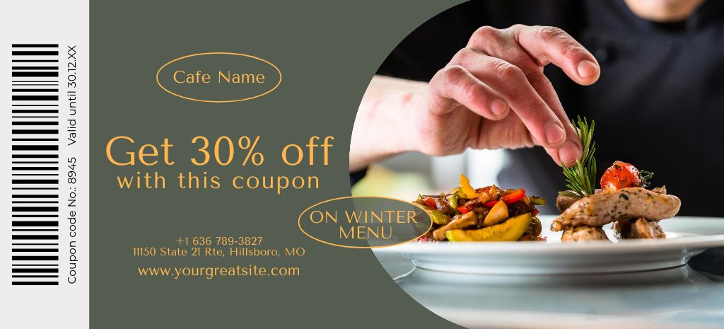 Discount Voucher to Be Used in Cafe Coupon 3.75x8.25in Design Template