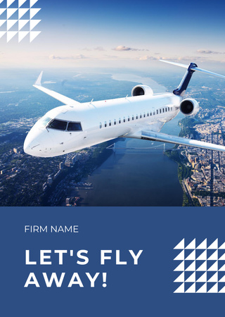 Plane Flying In The Sky With Cityscape View Postcard A6 Vertical Design Template