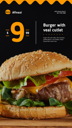 Ontwerpsjabloon van Instagram Story van Fastfoodaanbieding met smakelijke hamburger op zwart