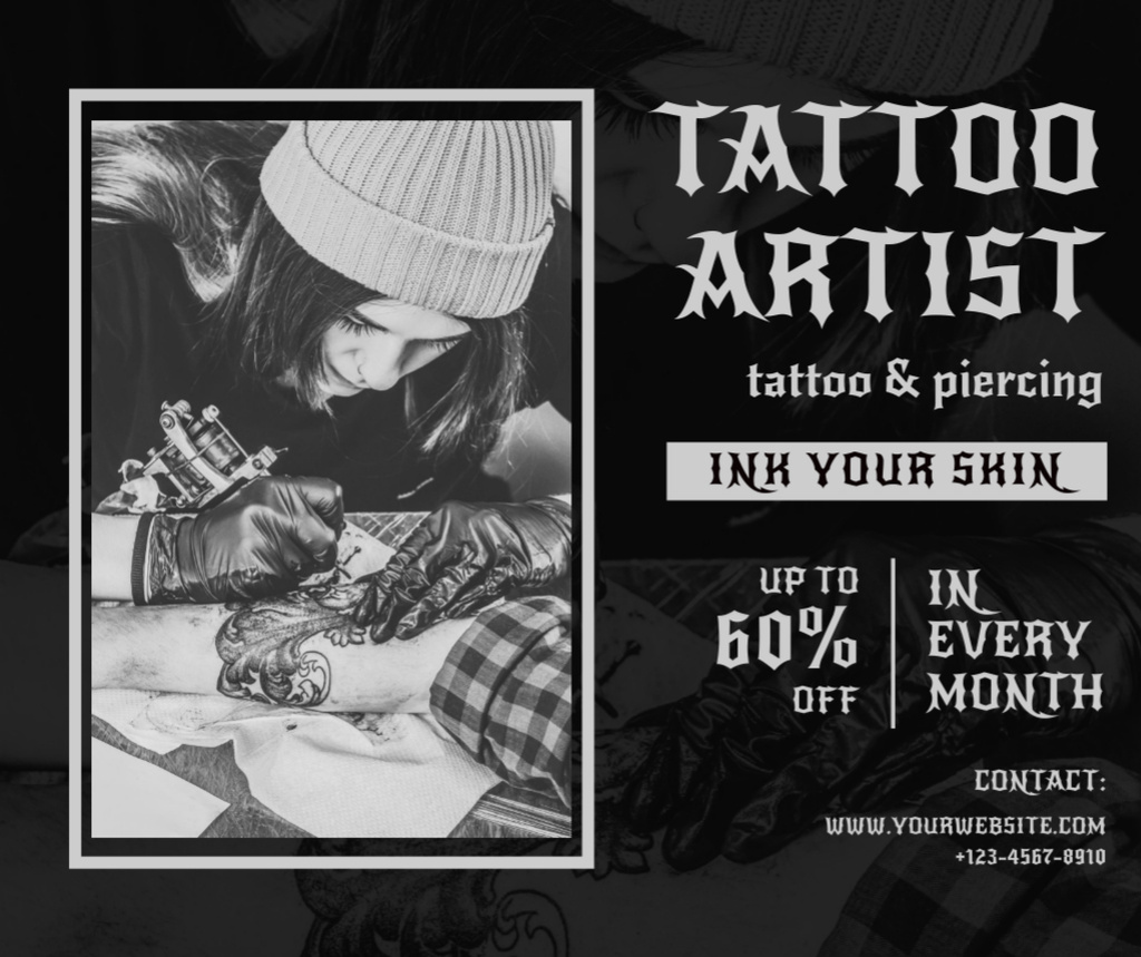 Ontwerpsjabloon van Facebook van Creative Tattoo Artist Service With Piercing And Discount