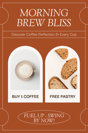 Ontwerpsjabloon van Pinterest van Lekkere koffie en promo voor gratis gebakaanbieding