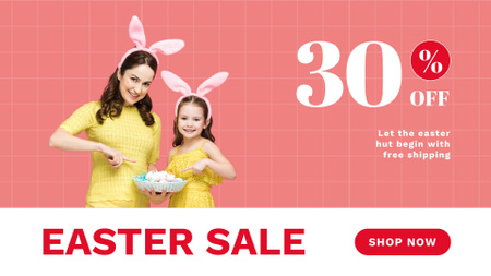 Happy Mother and Daughter in Bunny Ears Holding Plate of Easter Eggs FB event cover Design Template