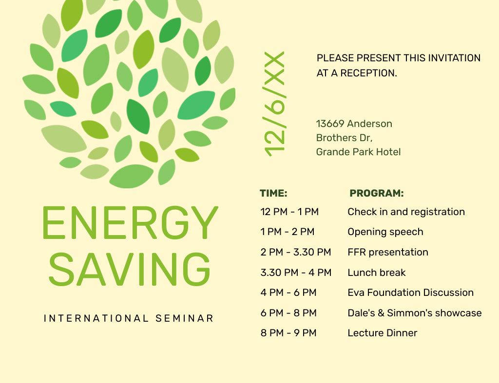 Energy Saving Seminar With Schedule Invitation 13.9x10.7cm Horizontal Tasarım Şablonu