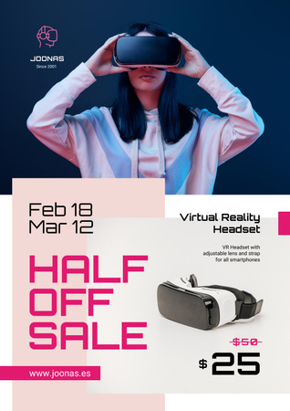Gadgets Sale with Woman Using VR Glasses Poster Design Template
