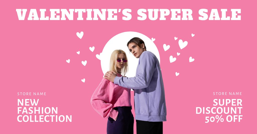 Valentine's Day Super Sale with Young Couple Facebook AD Πρότυπο σχεδίασης