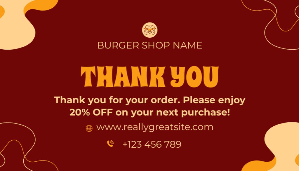 Ontwerpsjabloon van Business Card US van Burger Shop Thank You Message and Discount Offer on Red
