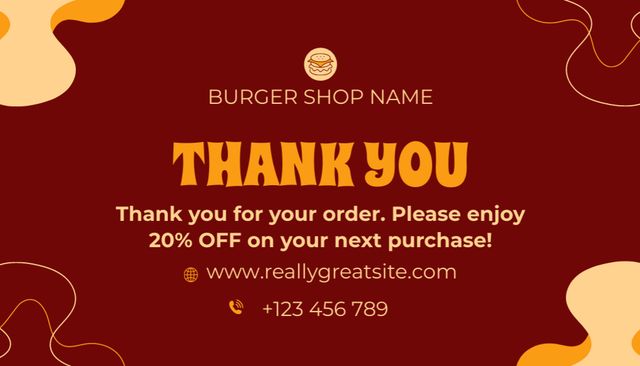 Szablon projektu Burger Shop Thank You Message and Discount Offer on Red Business Card US