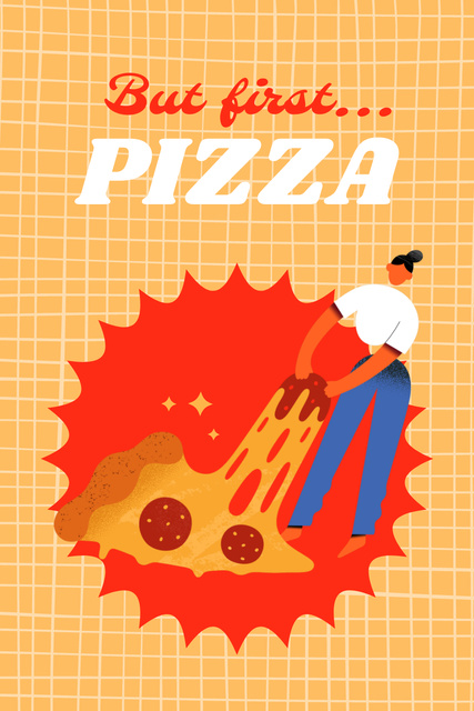 Funny Illustration of Woman and Huge Piece of Pizza Pinterest Tasarım Şablonu