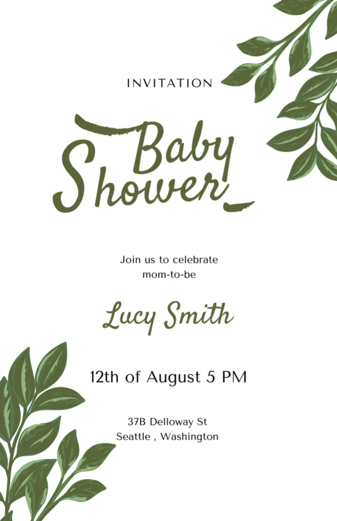 Minimalistic Baby Shower Announcement With Green Leaves Invitation 5.5x8.5in – шаблон для дизайну