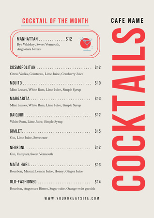 Ontwerpsjabloon van Menu van Cocktailsbeschrijving en prijslijst van café