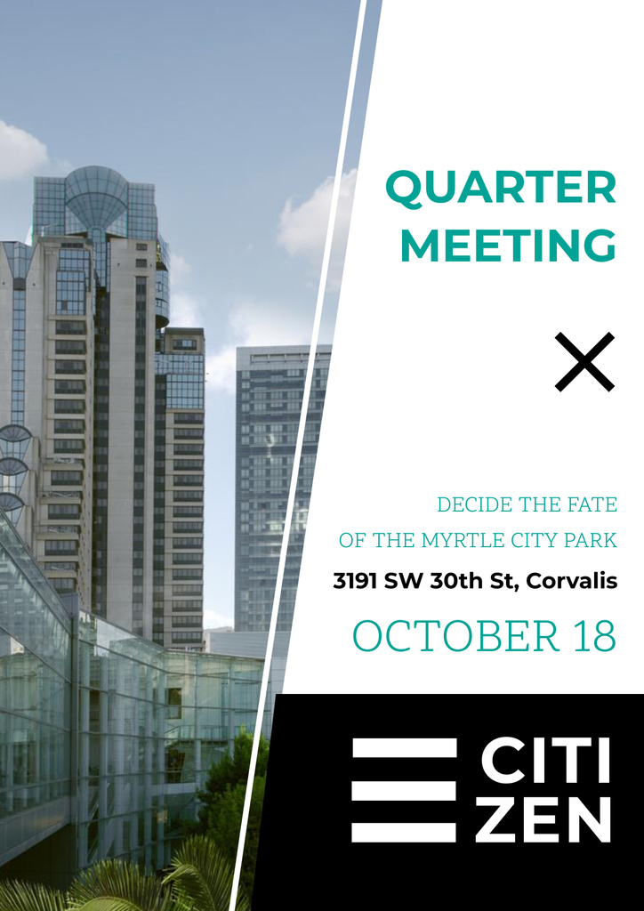 Quarter Meeting Announcement with City View Poster Modelo de Design