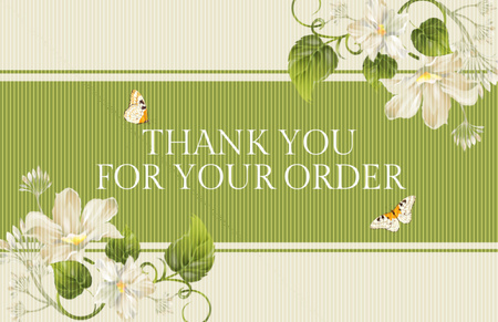 Thank You For Your Order Message with Flowers and Butterflies on Green Thank You Card 5.5x8.5in Design Template
