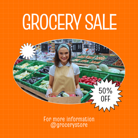 Grocery Sale with Young Woman in Supermarket Animated Post Design Template