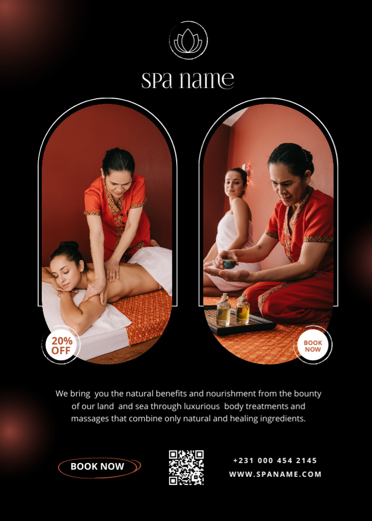 Designvorlage Masseur Doing Back Massage on Beautiful Woman in Spa Salon für Flayer