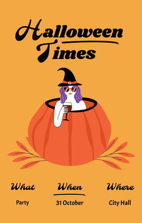 Plantilla de diseño de Halloween Celebration Announcement with Witch in Pumpkin Invitation 4.6x7.2in 