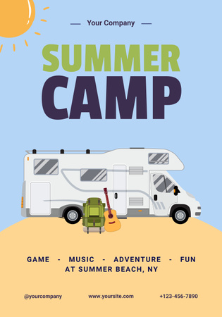 Summer Camp with Illustration of Travel Van Poster 28x40in Design Template