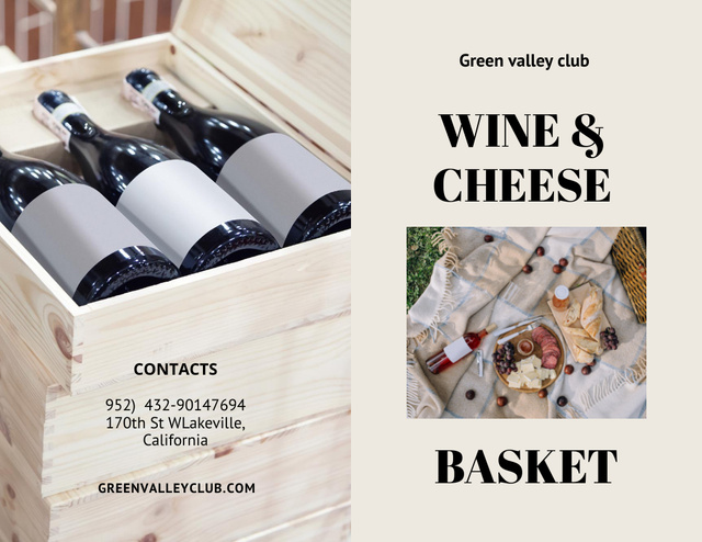 Wine Tasting Event with Bottles in Box and Cheese Brochure 8.5x11in Bi-fold Design Template