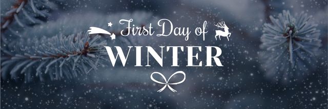 Designvorlage First Winter Day Greeting with Frozen Fir Tree Branch für Email header