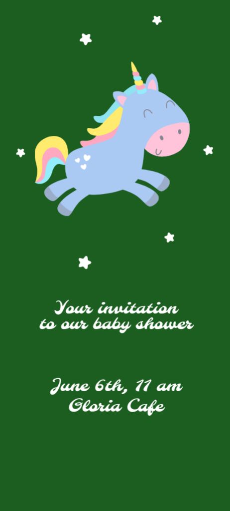 Plantilla de diseño de Baby Shower Celebration Announcement with Unicorn on Green Invitation 9.5x21cm 
