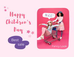 Children's Day Sale Offer With Smiling Little Girls And Trolley