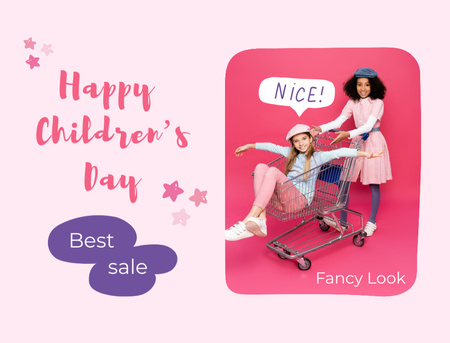 Children's Day Sale Offer With Smiling Little Girls And Trolley Postcard 4.2x5.5in Design Template