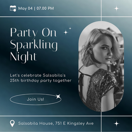 Oznámení na večírku se ženou ve večerních třpytivých šatech Instagram Šablona návrhu