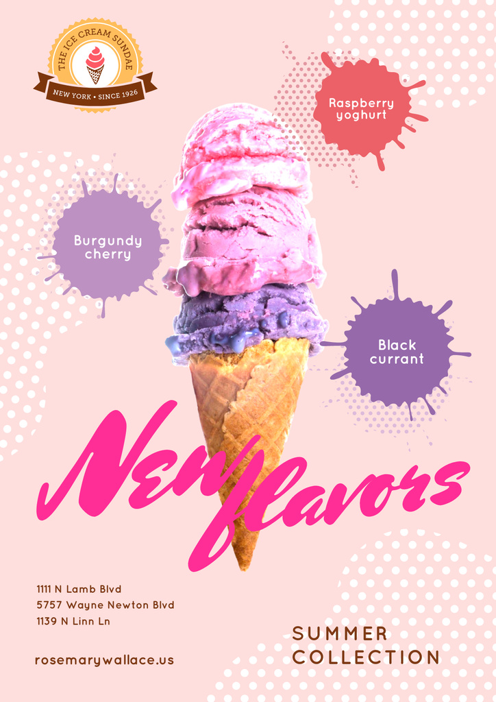 Ice Cream Ad with Colorful Scoops in Cone Posterデザインテンプレート