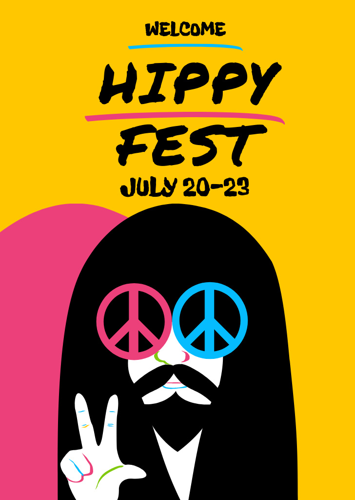 Lovely Hippy Festival Announcement With Peace Gesture Postcard A6 Vertical Design Template
