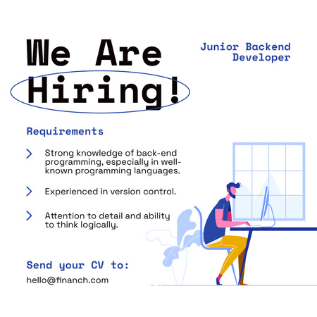 Plantilla de diseño de anuncio de búsqueda de empleados con hombre trabajando en computadora Instagram 