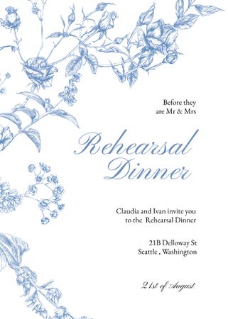 Rehearsal Dinner Announcement with Blue Flowers Invitation Design Template