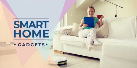 Smart Home ad with Woman using Vacuum Cleaner Image Design Template
