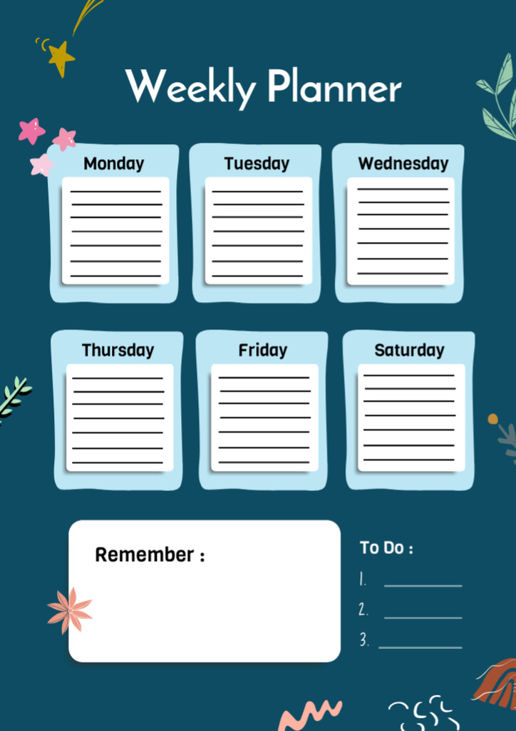 Weekly Planner with Flowers on Blue Schedule Planner Design Template