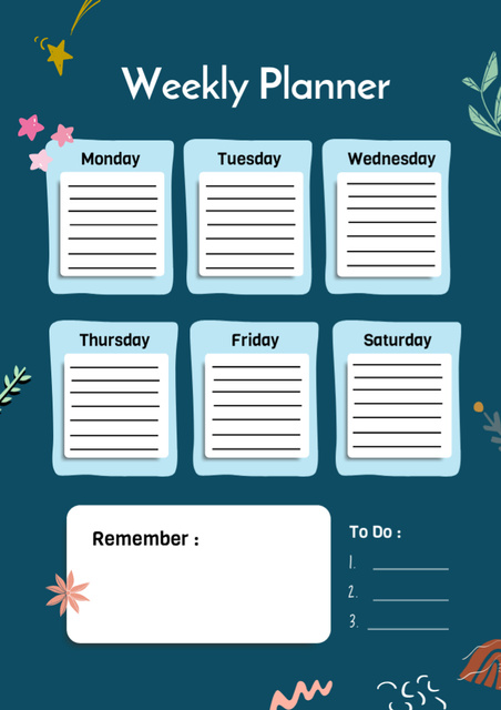 Weekly Planner with Flowers on Blue Schedule Planner Modelo de Design