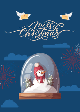 Christmas Cheers Fireworks and Snowman in Hat Postcard 5x7in Vertical Design Template