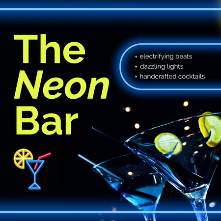 Neon Bar Offer Handcrafted Cocktails Animated Post Design Template
