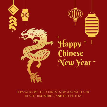 Chinese New Year Holiday Celebration with Dragon in Red Instagram Design Template