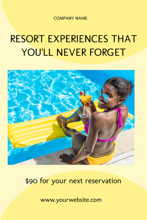 Young African Woman Sitting by Pool and Drinking Cocktail Pinterest Design Template