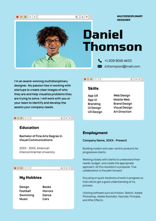 Web Designer's Skills and Experience on Blue Resume tervezősablon
