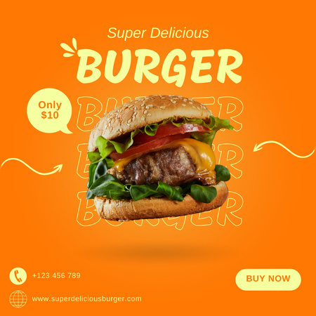Fast Food Offer with Delicious Burger on Orange Instagram Design Template