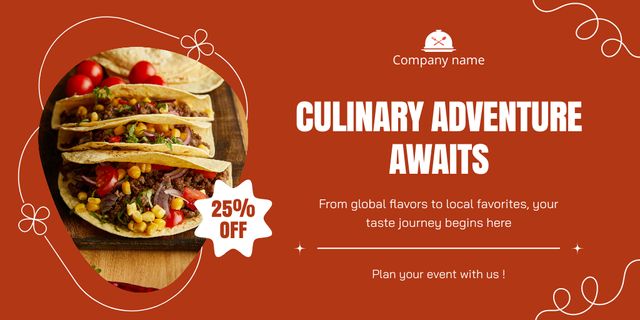 Culinary Adventure Promo with Delicious Taco Twitterデザインテンプレート