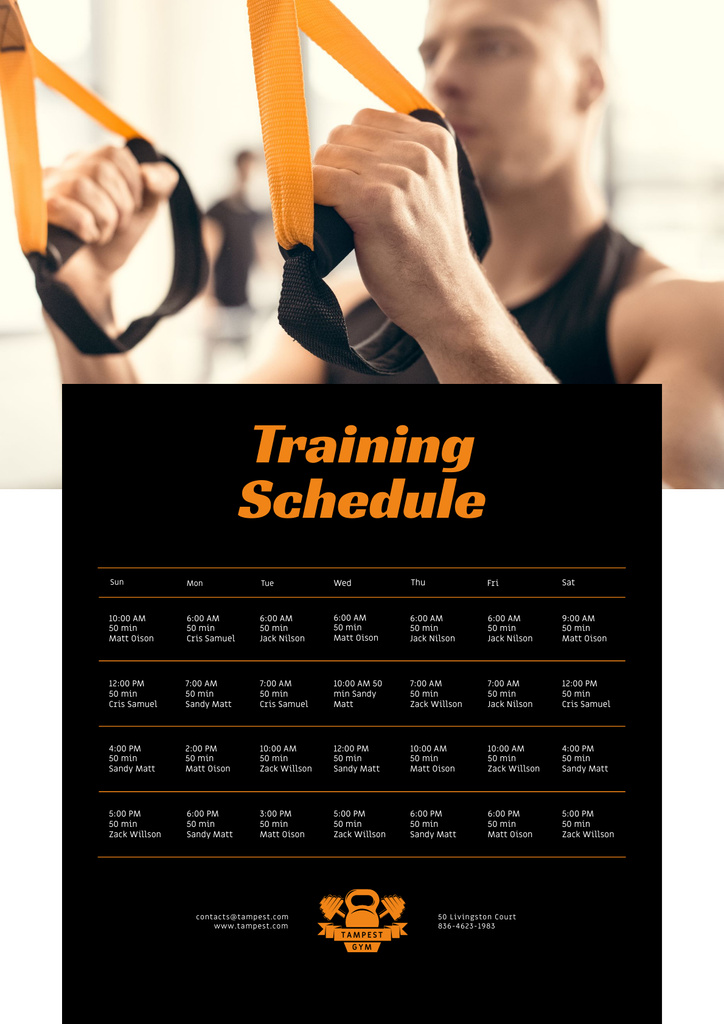 Young Man Exercising in Gym According to Plan Poster Πρότυπο σχεδίασης