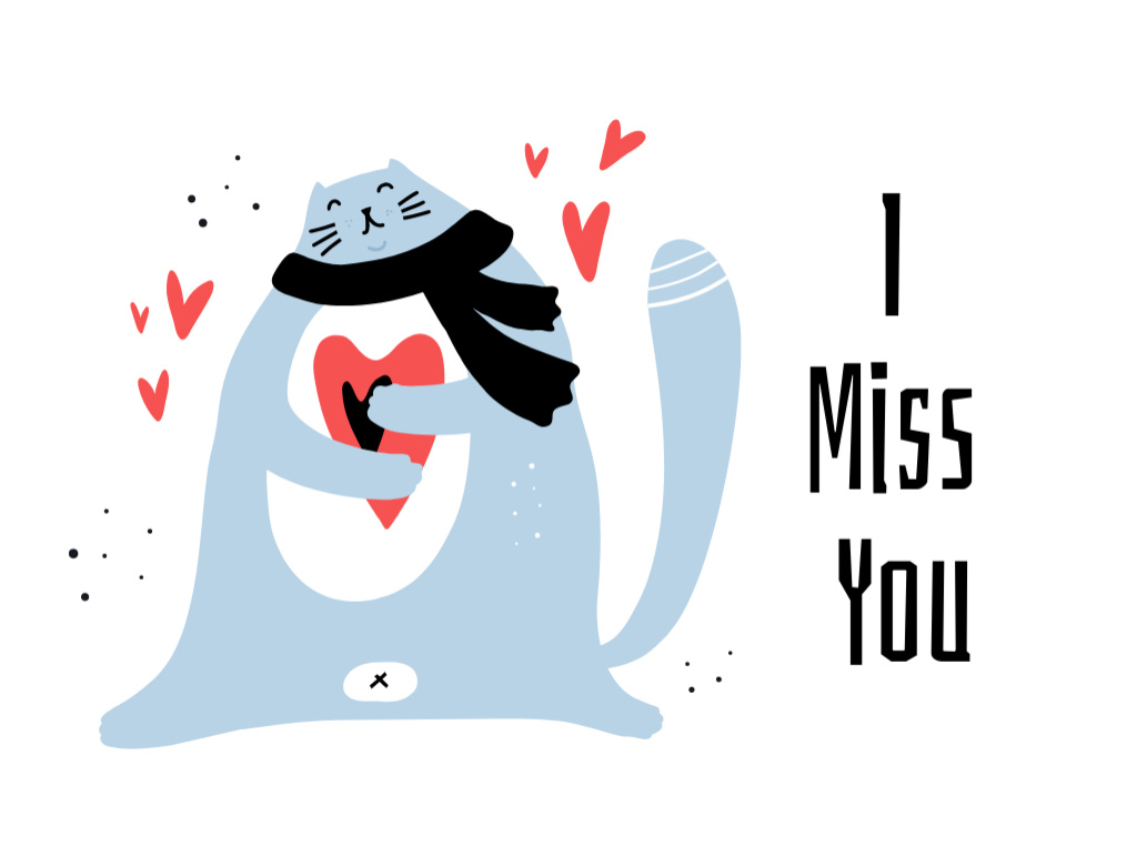 Miss You Phrase with Blue Cat Postcard 4.2x5.5in – шаблон для дизайну