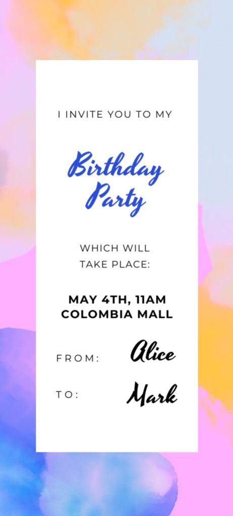 Birthday Party Announcement on Bright Watercolor Gradient Invitation 9.5x21cm Design Template