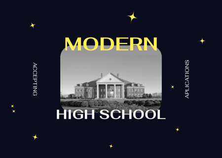 Designvorlage Hochmoderne High School mit Gebäude in Schwarz und Weiß für Postcard 5x7in