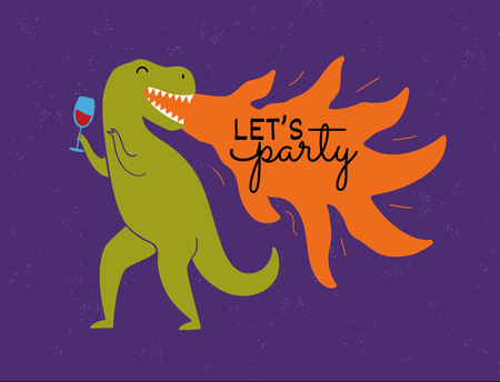 Party Invitation with Cute Dinosaur holding Wine Postcard 4.2x5.5in Design Template