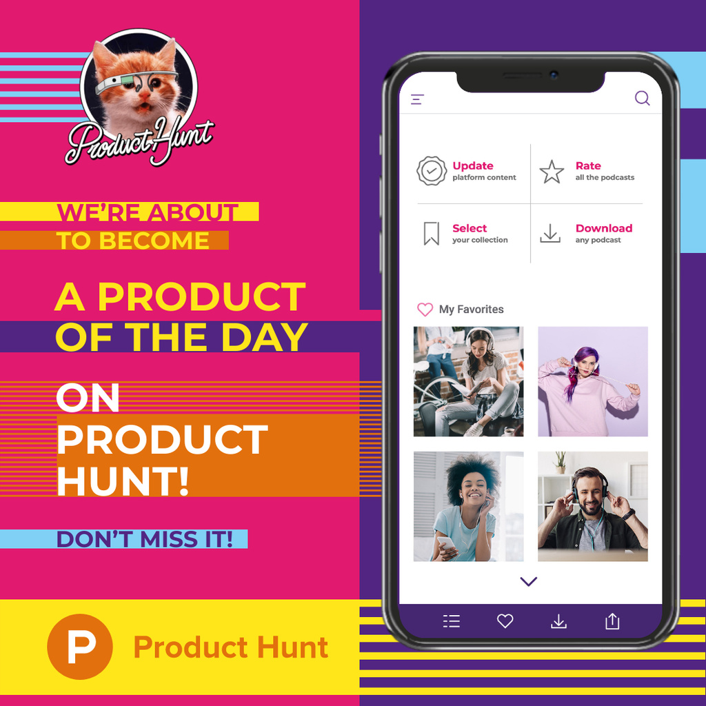 Product Hunt Promotion App interface on Screen Instagramデザインテンプレート