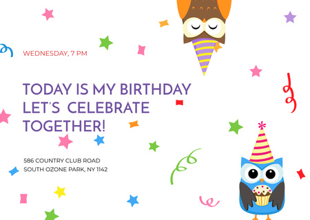 Birthday Invitation with Party Owls Postcard Design Template