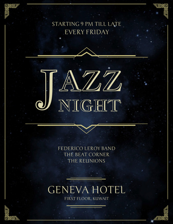 Plantilla de diseño de Anuncio de noche de jazz con cielo nocturno en el hotel Flyer 8.5x11in 