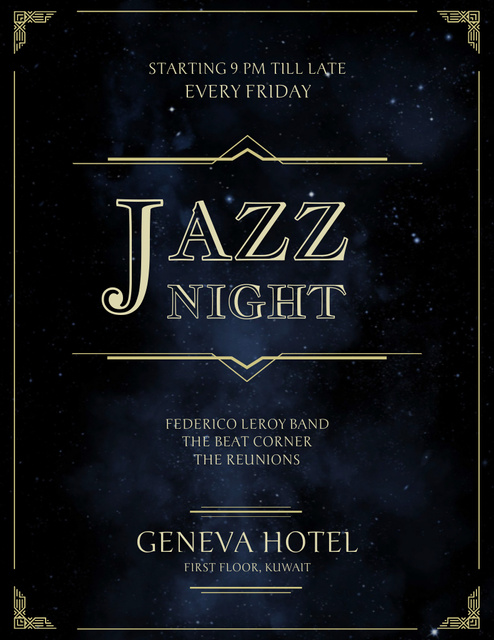 Jazz Night Announcement with Night Sky in Hotel Flyer 8.5x11in Šablona návrhu
